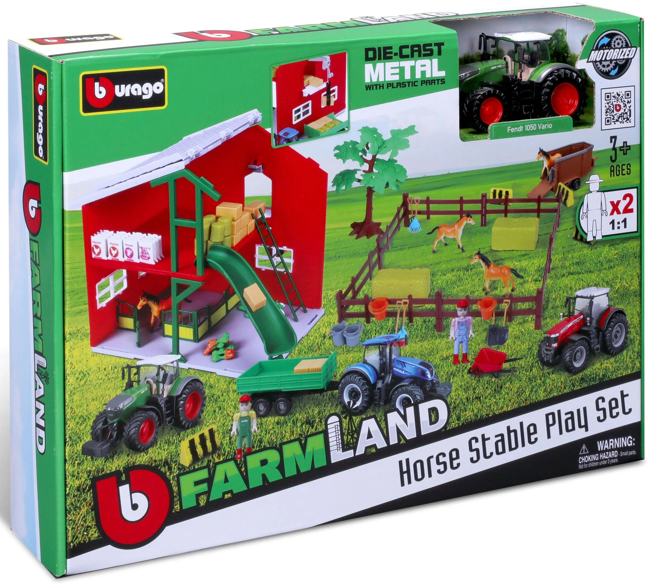Bburago 18-31682 - Farmland Pferdestall inkl. Fendt 1050 Vario Traktor (69 Teile)