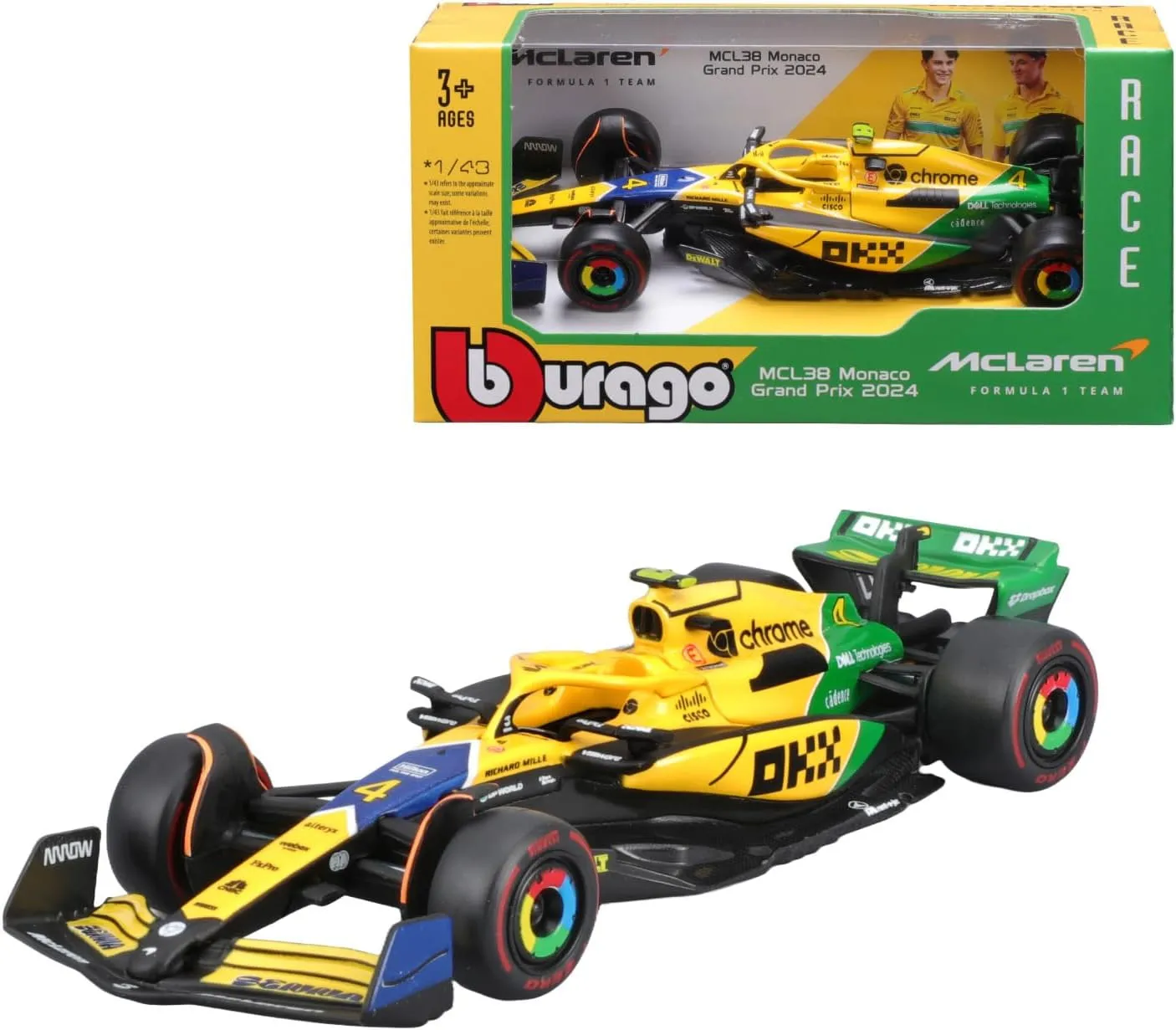 Bburago 18-38214 - Modellauto - F1 MCLaren MCL38 "Monaco (Senna)" #4 Norris, '24 (Maßstab 1:43)