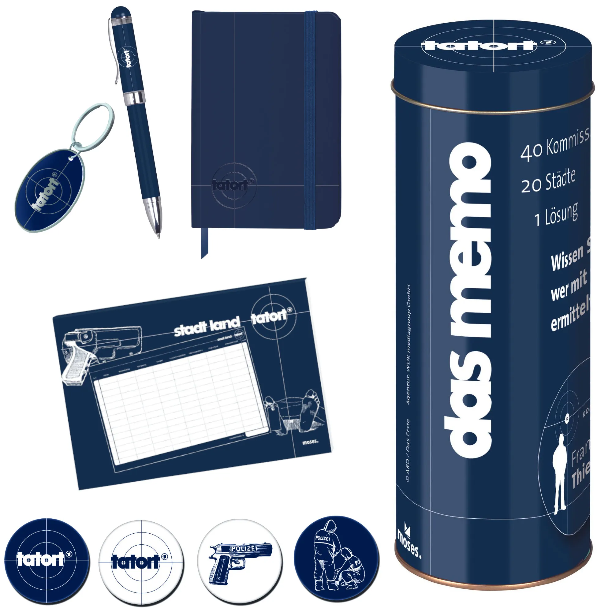 Tatort 9er Bundle (Memo, Notizbuch klein, Kuli, Anhänger Kommissar, Stadt Land Tatort, Tatwaffen Magnete)