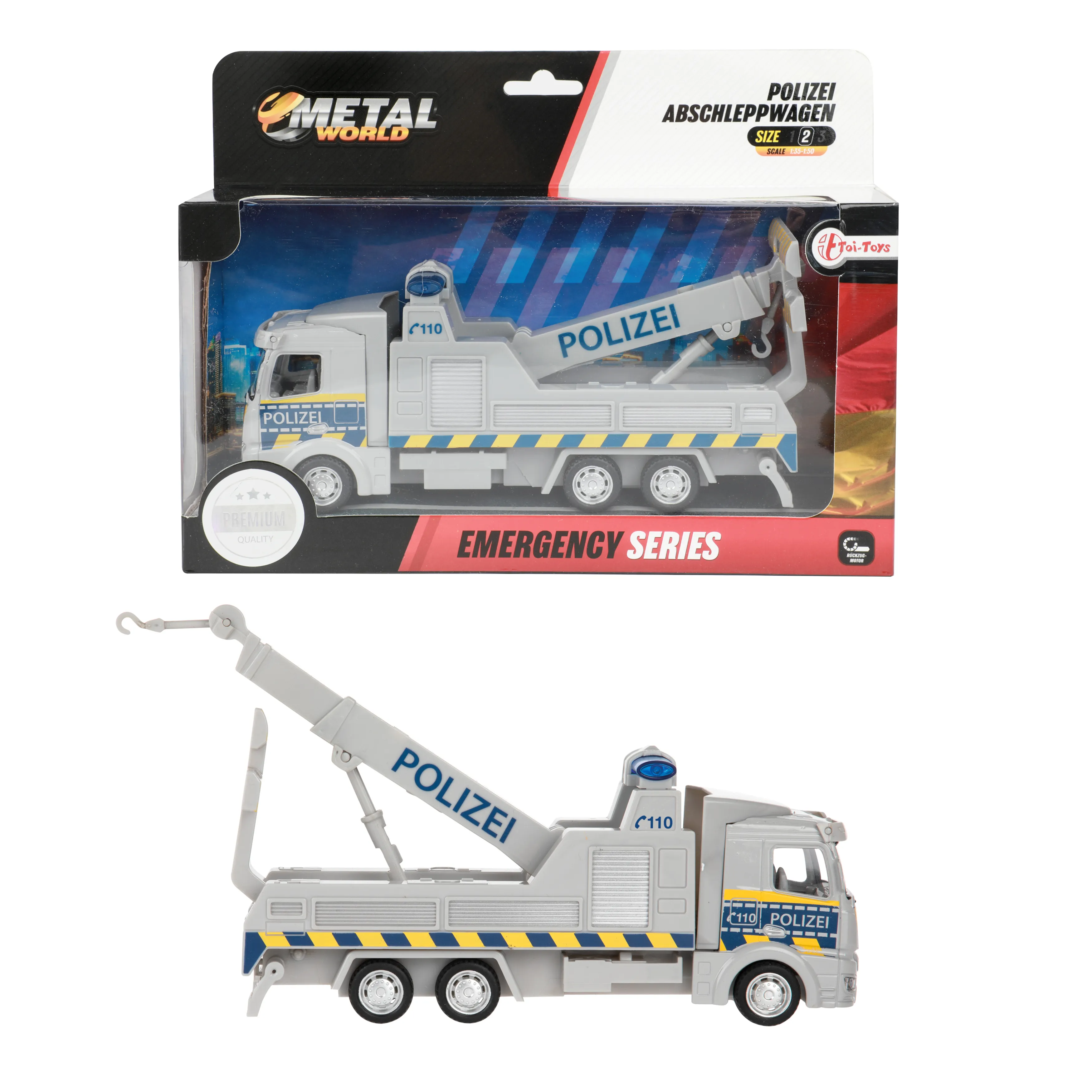 Toi-Toys 21745B - Metal World Spielzeugauto - Polizei Abschleppwagen mit Rückzugmotor
