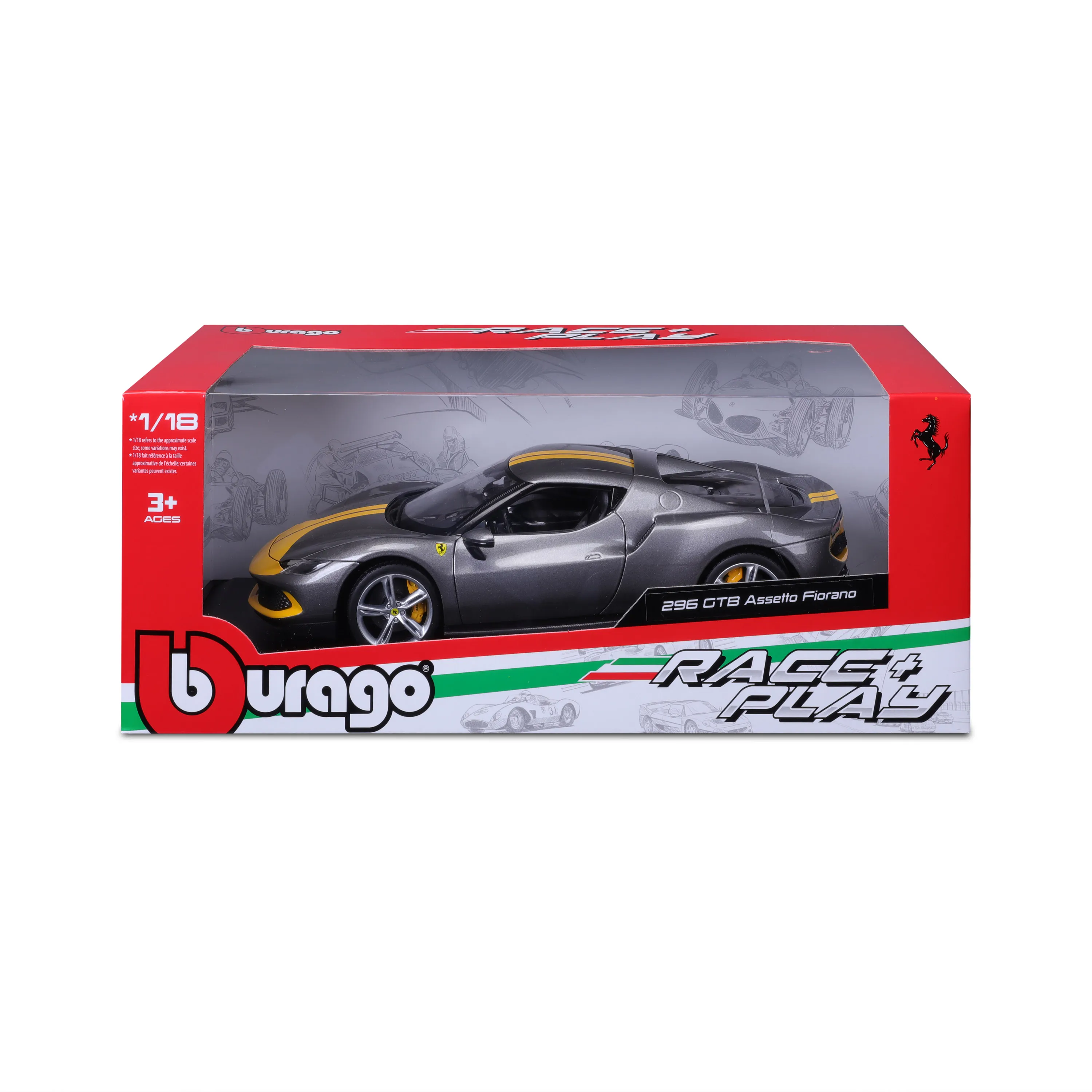 Bburago 18-16017 - Modellauto - Ferrari 296GTB Assetto Fiorano (grau/gelb, Maßstab 1:18)