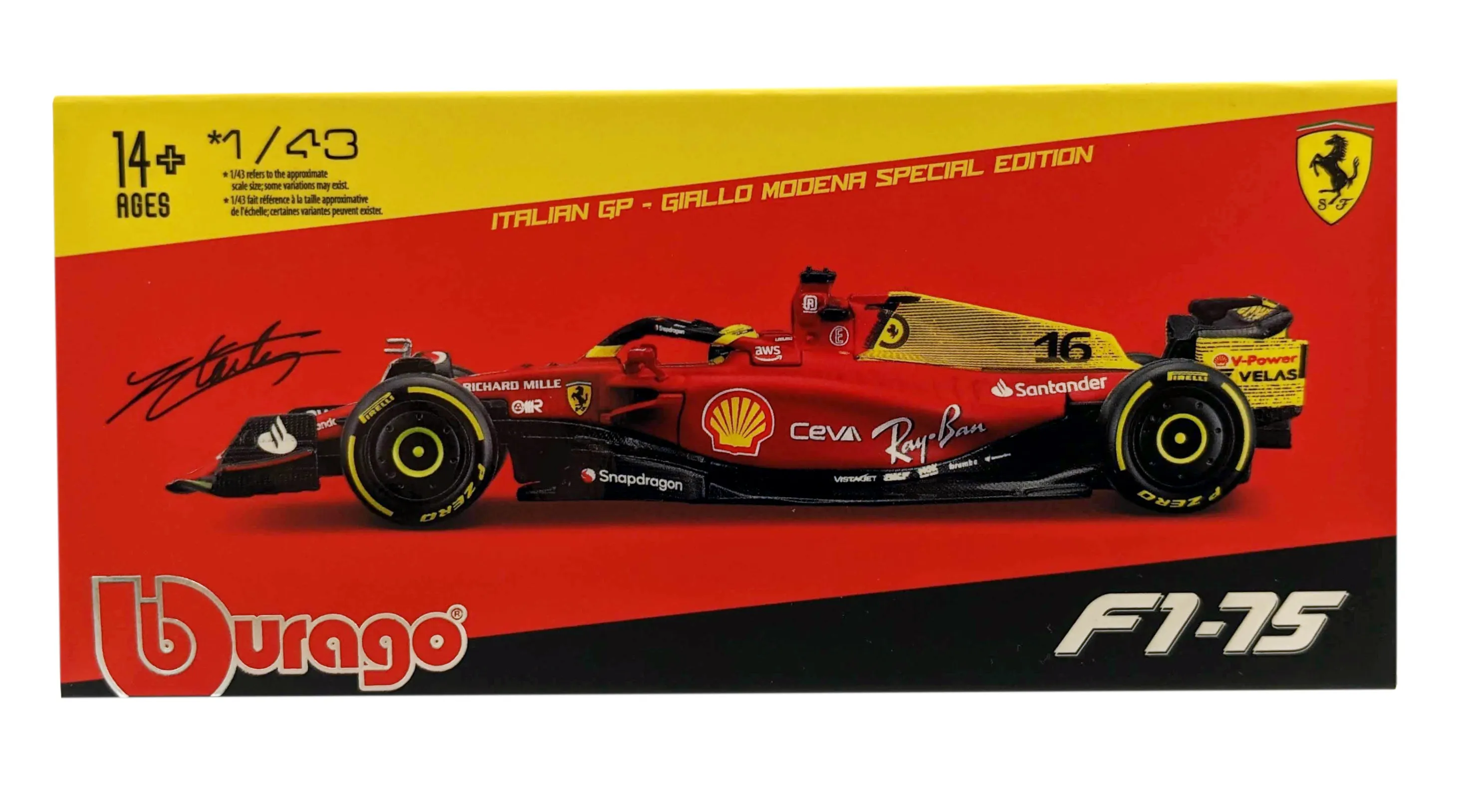 Bburago 18-36831 - Modellauto - Ferrari F1-75 Leclerc #16 Monza-Ausführung (mit Fahrer, Maßstab 1:43)